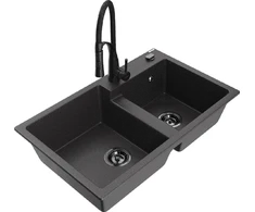 Granitinė virtuvinė plautuvė Mexen Tomas su maišytuvu ir sifonu, Juodas granite+Juodas