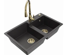 Granitinė virtuvinė plautuvė Mexen Tomas su maišytuvu ir sifonu, Juodas granite+Gold
