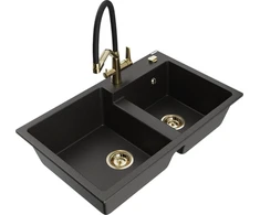 Granitinė virtuvinė plautuvė Mexen Tomas su maišytuvu ir sifonu, Metallic juodas/auksinis+Juodas/Gold