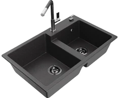 Granitinė virtuvinė plautuvė Mexen Tomas su maišytuvu ir sifonu, Juodas granite+Juodas granite/Chrome