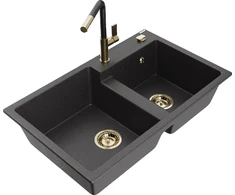 Granitinė virtuvinė plautuvė Mexen Tomas su maišytuvu ir sifonu, Juodas granite+Juodas/Gold