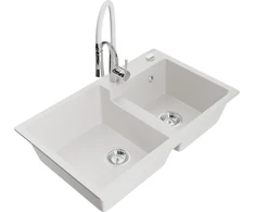 Granitinė virtuvinė plautuvė Mexen Tomas su maišytuvu ir sifonu, Baltas+Baltas/Chrome