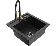 Granitinė virtuvinė plautuvė Mexen Vito su maišytuvu ir sifonu, Metallic juodas/sidabrinis+Juodas/Gold