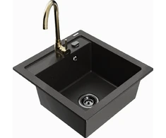 Granitinė virtuvinė plautuvė Mexen Vito su maišytuvu ir sifonu, Metallic juodas/auksinis+Gold