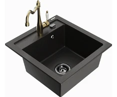 Granitinė virtuvinė plautuvė Mexen Vito su maišytuvu ir sifonu, Metallic juodas/auksinis+Gold