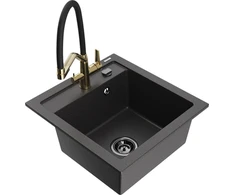 Granitinė virtuvinė plautuvė Mexen Vito su maišytuvu ir sifonu, Juodas granite+Juodas/Gold