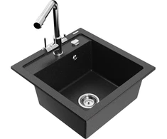 Granitinė virtuvinė plautuvė Mexen Vito su maišytuvu ir sifonu, Metallic juodas/sidabrinis+Chrome