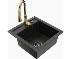 Granitinė virtuvinė plautuvė Mexen Vito su maišytuvu ir sifonu, Metallic juodas/auksinis+Gold