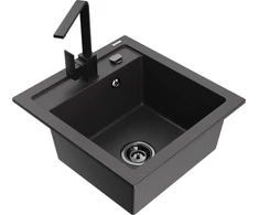 Granitinė virtuvinė plautuvė Mexen Vito su maišytuvu ir sifonu, Juodas granite+Juodas