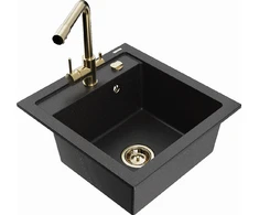 Granitinė virtuvinė plautuvė Mexen Vito su maišytuvu ir sifonu, Metallic juodas/sidabrinis+Gold