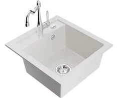 Granitinė virtuvinė plautuvė Mexen Vito su maišytuvu ir sifonu, Baltas+Chrome