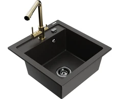 Granitinė virtuvinė plautuvė Mexen Vito su maišytuvu ir sifonu, Metallic juodas/auksinis+Gold