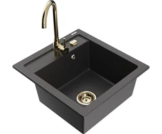 Granitinė virtuvinė plautuvė Mexen Vito su maišytuvu ir sifonu, Juodas granite+Gold