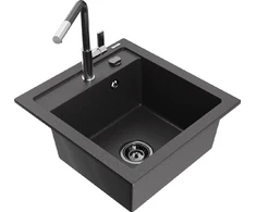 Granitinė virtuvinė plautuvė Mexen Vito su maišytuvu ir sifonu, Juodas granite+Juodas granite/Chrome