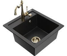 Granitinė virtuvinė plautuvė Mexen Vito su maišytuvu ir sifonu, Metallic juodas/sidabrinis+Gold