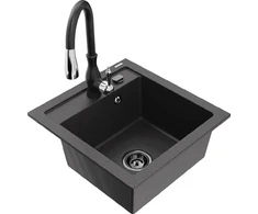 Granitinė virtuvinė plautuvė Mexen Vito su maišytuvu ir sifonu, Juodas granite+Juodas