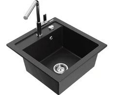 Granitinė virtuvinė plautuvė Mexen Vito su maišytuvu ir sifonu, Metallic juodas/sidabrinis+Chrome