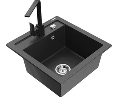 Granitinė virtuvinė plautuvė Mexen Vito su maišytuvu ir sifonu, Juodas granite+Juodas