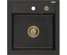Granitinė virtuvinė plautuvė Mexen Vito su sifonu, Metallic juodas/auksinis+Gold, 520 x 490 mm