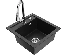Granitinė virtuvinė plautuvė Mexen Vito su maišytuvu ir sifonu, Metallic juodas/sidabrinis+Chrome
