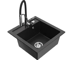 Granitinė virtuvinė plautuvė Mexen Vito su maišytuvu ir sifonu, Metallic juodas/sidabrinis+Juodas/Chrome
