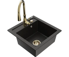 Granitinė virtuvinė plautuvė Mexen Vito su maišytuvu ir sifonu, Metallic juodas/auksinis+Gold