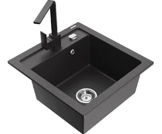 Granitinė virtuvinė plautuvė Mexen Vito su maišytuvu ir sifonu, Juodas granite
