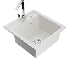Granitinė virtuvinė plautuvė Mexen Vito su maišytuvu ir sifonu, Baltas+Chrome
