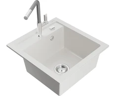 Granitinė virtuvinė plautuvė Mexen Vito su maišytuvu ir sifonu, Baltas+Pilkas/Chrome
