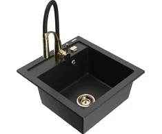 Granitinė virtuvinė plautuvė Mexen Vito su maišytuvu ir sifonu, Metallic juodas/auksinis+Juodas/Gold