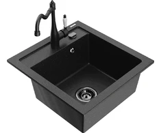 Granitinė virtuvinė plautuvė Mexen Vito su maišytuvu ir sifonu, Metallic juodas/sidabrinis+Juodas