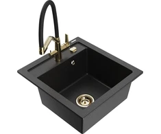 Granitinė virtuvinė plautuvė Mexen Vito su maišytuvu ir sifonu, Metallic juodas/sidabrinis+Juodas/Gold