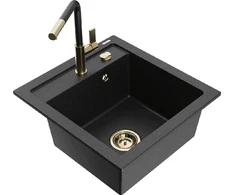 Granitinė virtuvinė plautuvė Mexen Vito su maišytuvu ir sifonu, Metallic juodas/sidabrinis+Juodas/Gold