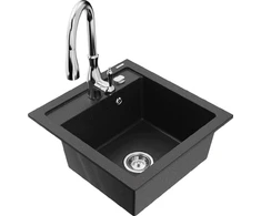 Granitinė virtuvinė plautuvė Mexen Vito su maišytuvu ir sifonu, Metallic juodas/sidabrinis+Chrome