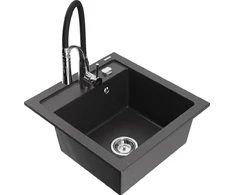 Granitinė virtuvinė plautuvė Mexen Vito su maišytuvu ir sifonu, Juodas granite+Juodas/Chrome