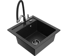 Granitinė virtuvinė plautuvė Mexen Vito su maišytuvu ir sifonu, Metallic juodas/sidabrinis+Juodas/Chrome