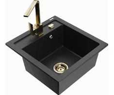 Granitinė virtuvinė plautuvė Mexen Vito su maišytuvu ir sifonu, Metallic juodas/sidabrinis+Gold