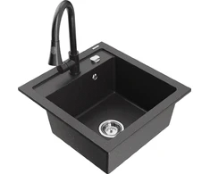 Granitinė virtuvinė plautuvė Mexen Vito su maišytuvu ir sifonu, Juodas granite