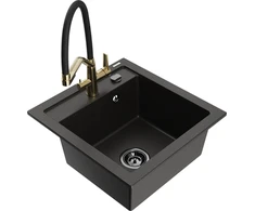 Granitinė virtuvinė plautuvė Mexen Vito su maišytuvu ir sifonu, Metallic juodas/auksinis+Juodas/Gold