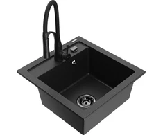 Granitinė virtuvinė plautuvė Mexen Vito su maišytuvu ir sifonu, Metallic juodas/sidabrinis+Juodas