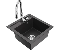 Granitinė virtuvinė plautuvė Mexen Vito su maišytuvu ir sifonu, Juodas granite+Chrome