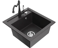 Granitinė virtuvinė plautuvė Mexen Vito su maišytuvu ir sifonu, Juodas granite