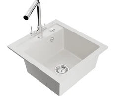 Granitinė virtuvinė plautuvė Mexen Vito su maišytuvu ir sifonu, Baltas+Chrome