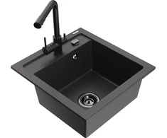 Granitinė virtuvinė plautuvė Mexen Vito su maišytuvu ir sifonu, Juodas granite+Juodas