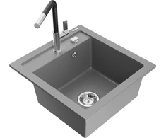 Granitinė virtuvinė plautuvė Mexen Vito su maišytuvu ir sifonu, Pilkas+Juodas/Chrome