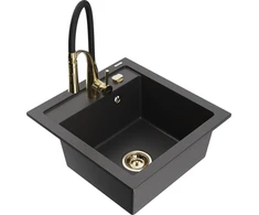Granitinė virtuvinė plautuvė Mexen Vito su maišytuvu ir sifonu, Juodas granite+Juodas/Gold