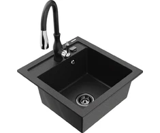 Granitinė virtuvinė plautuvė Mexen Vito su maišytuvu ir sifonu, Metallic juodas/sidabrinis+Juodas