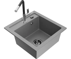 Granitinė virtuvinė plautuvė Mexen Vito su maišytuvu ir sifonu, Pilkas+Juodas/Chrome