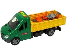 Kelio darbų automobilis su kelio ženklais ir priedais