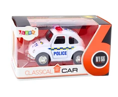Klasikinis policijos automobilis su garsais ir šviesom, baltas